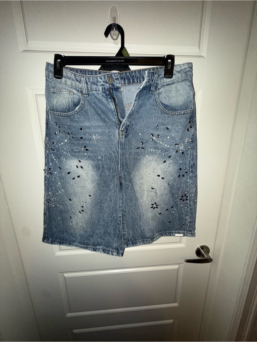 Embellished Light Wash Denim Skirt